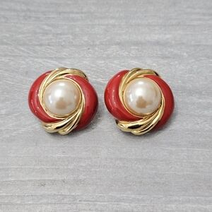 Vintage St. John Red Enamel Faux Pearl Clip On Earring